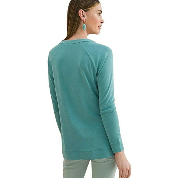 Chico's Teal Tunic Sweatshirt Prima Cotton Scoop Neck Gold Button Trim Size 2X - Picture 7 of 12